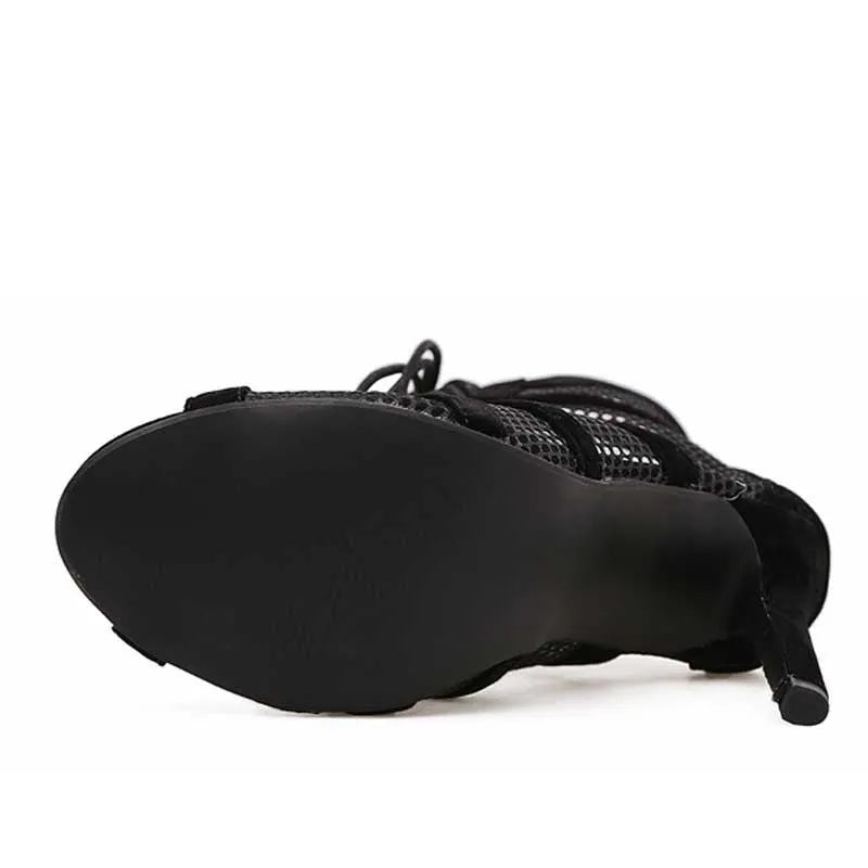 Black suede women's lace-up high heel shoes with an 11.5cm heel and 1cm platform.