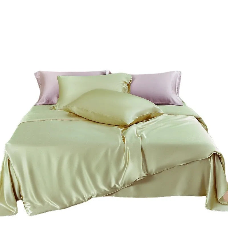 Solid colour silk duvet cover laid flat, showing plain weave texture in a choice of six colours.
