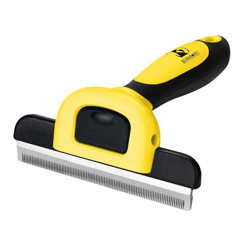 Blue dog grooming comb with removable stainless steel teeth on a plastic handle.