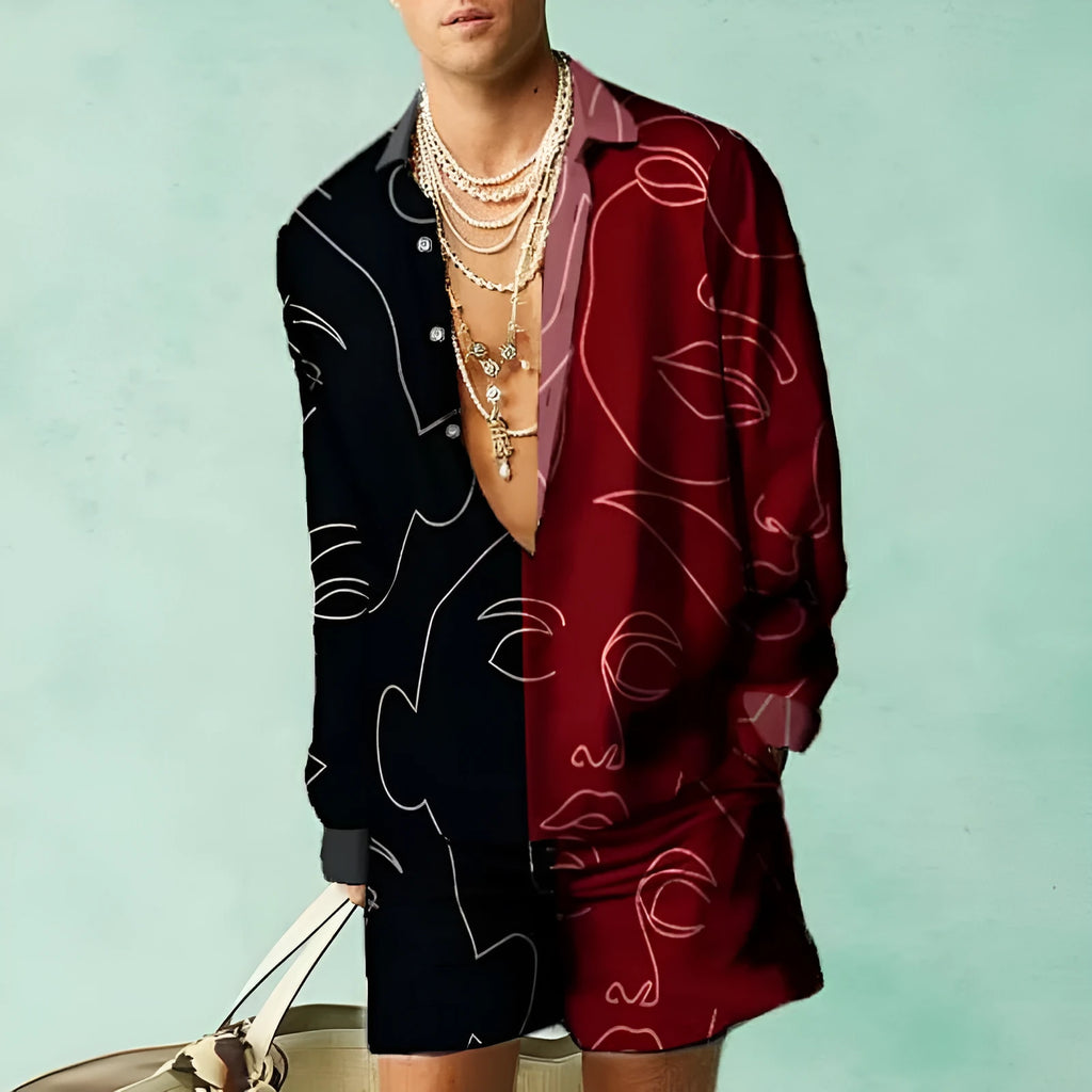 Men's slim fit long sleeve shirt and matching shorts casual summer set on a hanger.