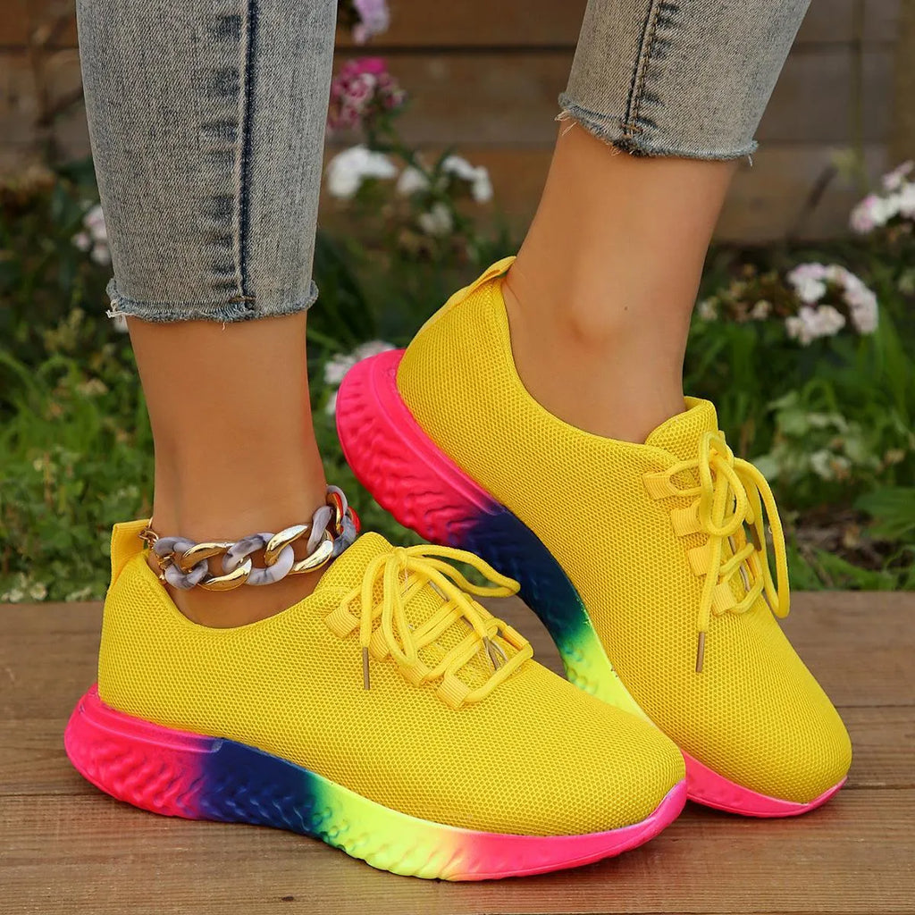 Women's plus size rainbow pumps, flat heel, low top, front lace-up, yellow black white, sizes 36-43