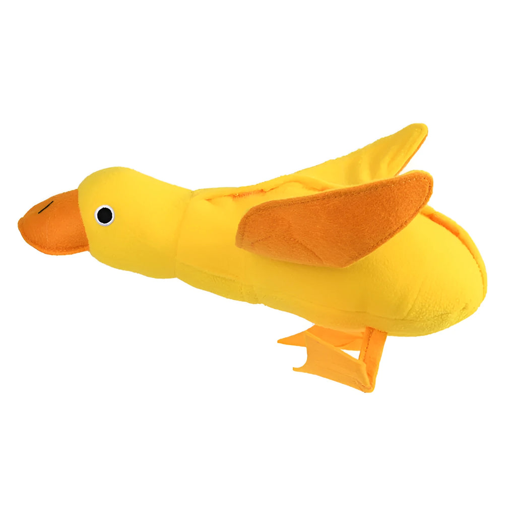 Yellow teddy dog training toy with integrated duck doll and food leak design for scent work