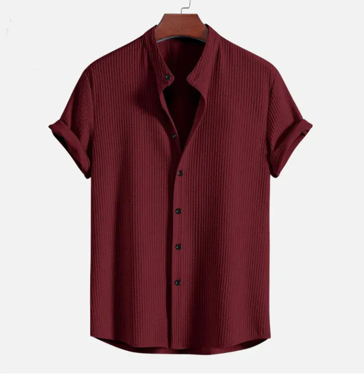 Men's loose fit short sleeve polyester shirt in multiple colour options including wine red, dark green and light blue