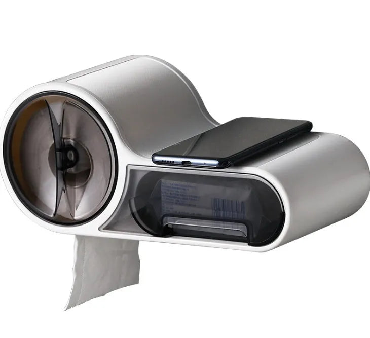 White plastic toilet roll holder with streamline curve design for no-drill bathroom installation