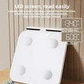 White body fat scale with 8 electrodes and tempered glass platform showing LED display