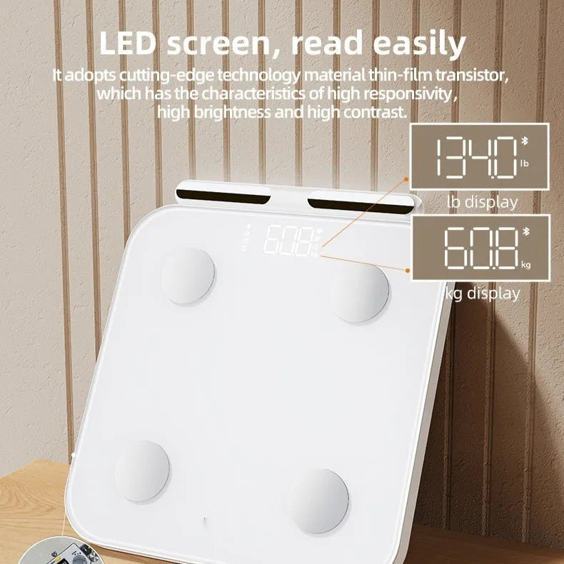 White body fat scale with 8 electrodes and tempered glass platform showing LED display