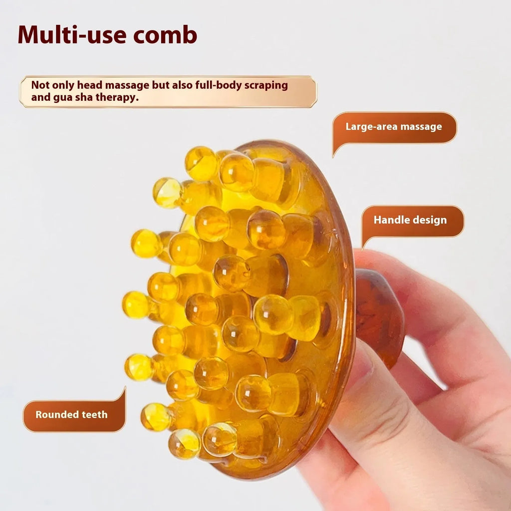 A disc-shaped meridian massage comb with 21 teeth, shown in coffee brown and yellow colour options.