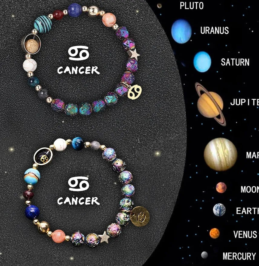 Natural stone beaded bracelet showing an adjustable strap with a zodiac charm, available in twelve astrological sign styles.