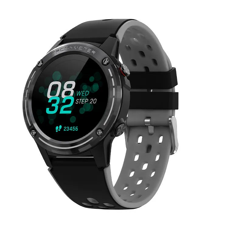 GPS smart watch with silicone strap in four colour options showing touch screen interface