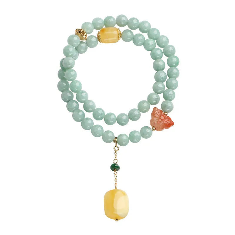 Close-up of a double-layer women's bracelet with jade round beads and beeswax barrel beads in a retro geometric design