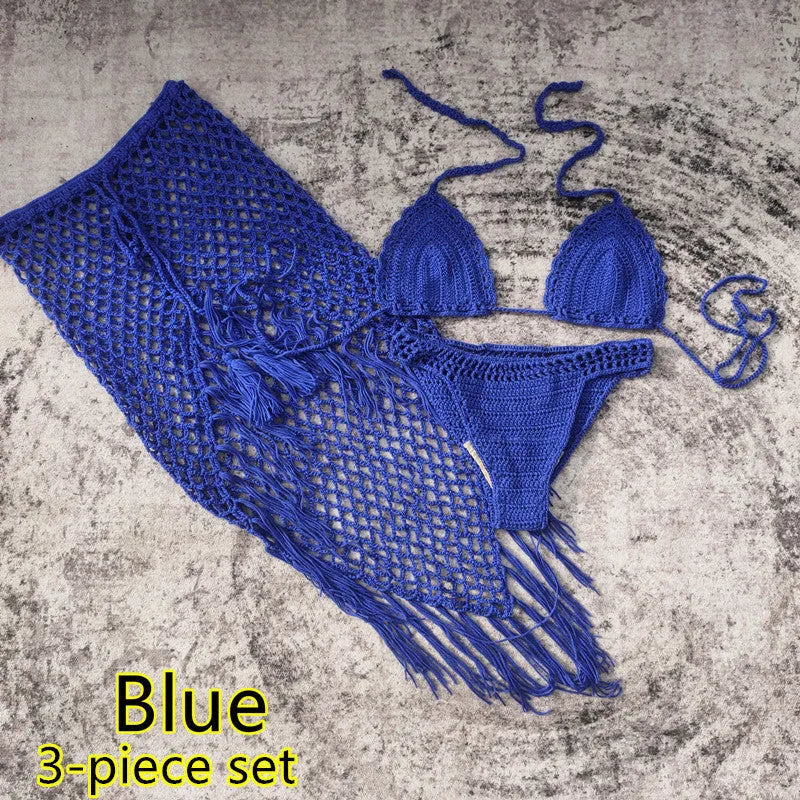 Women's handmade crochet three-piece bikini set with skirt in blue colour
