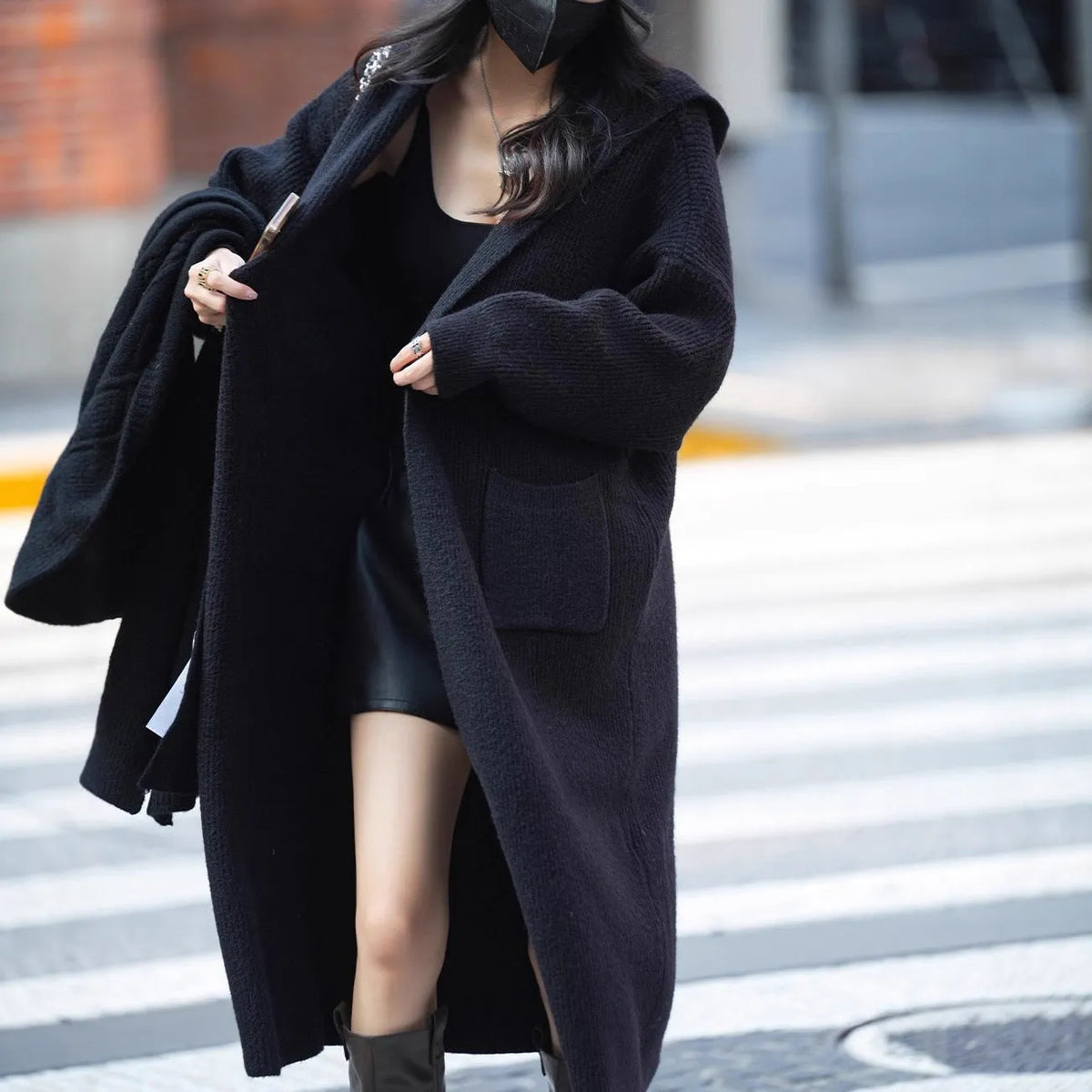 Long knitted cardigan women's hooded trench coat in solid colour with long sleeves and 80cm length