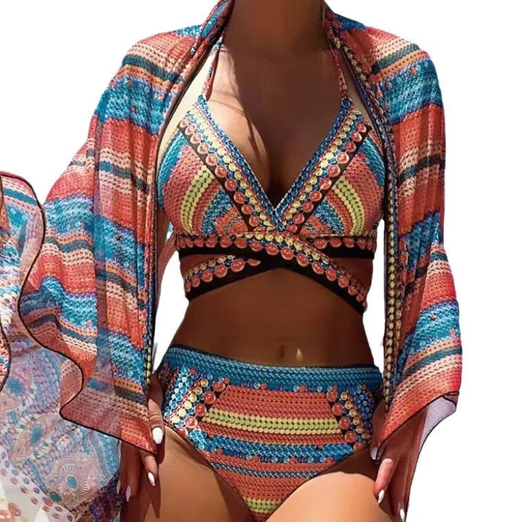 Women's retro ethnic split cross strap swimsuit bikini in polyester fabric