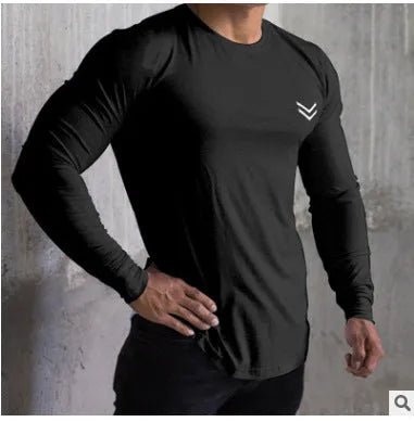 Men's loose quick-dry cotton long-sleeved sports top in plain solid colour, round neck, slim fit, size M to 2XL