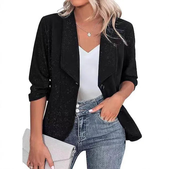 Slim-fit women's cardigan suit jacket in black, white or wine red polyester