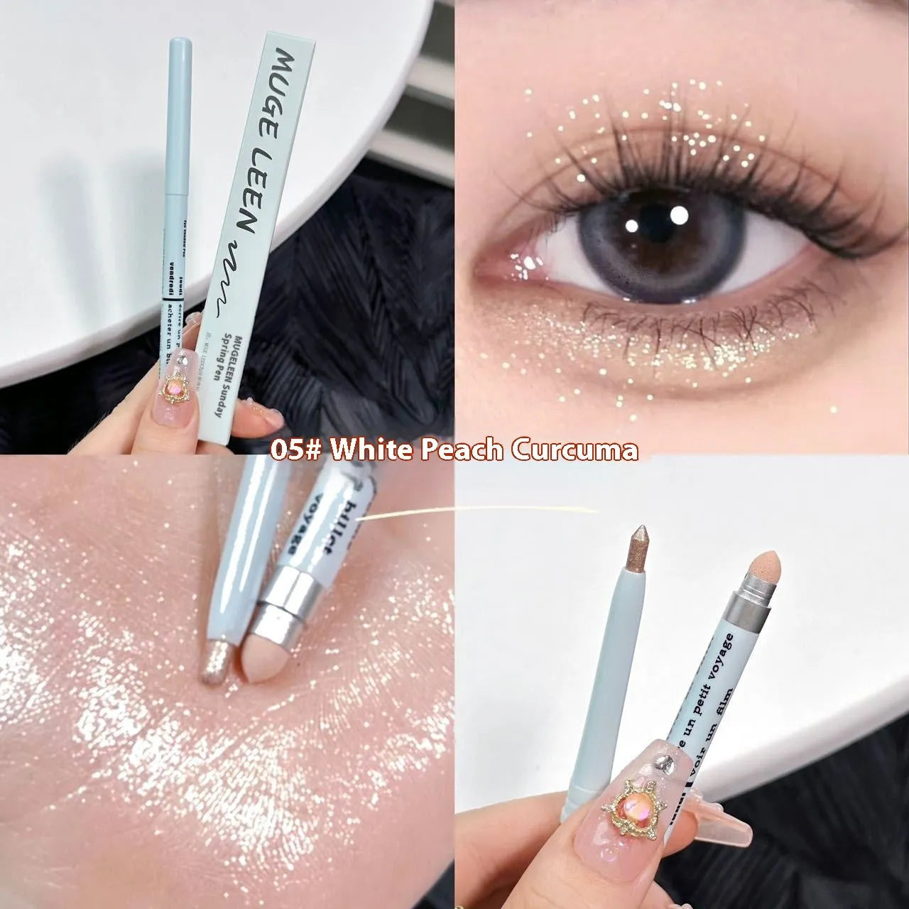 INS style 2-in-1 waterproof eye shadow pen in a selection of 14 brightening colours on a white background.