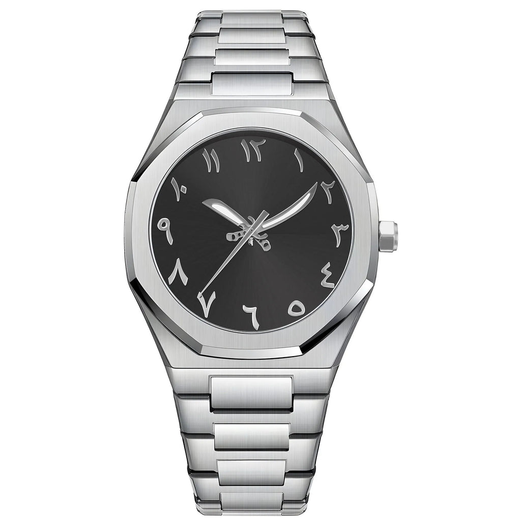 Business casual men's quartz watch with steel belt, black dial, and slim 10mm case