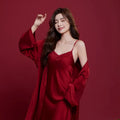 Red polyester sleepwear suit with long sleeves and trousers, 212 Red colour, men's and women's matching set
