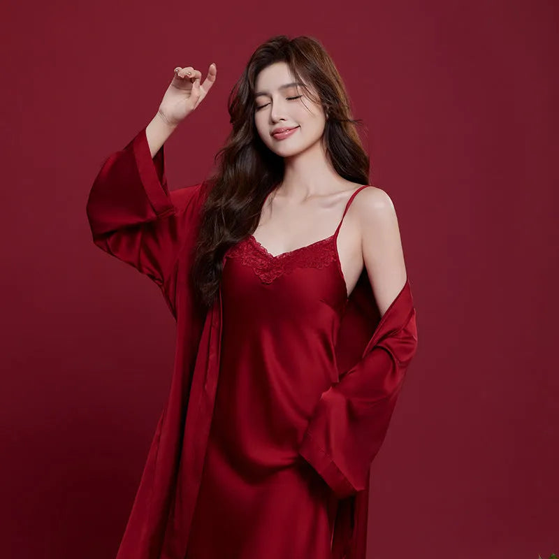 Matching red ice silk polyester sleepwear set for men and women with long sleeves and trousers