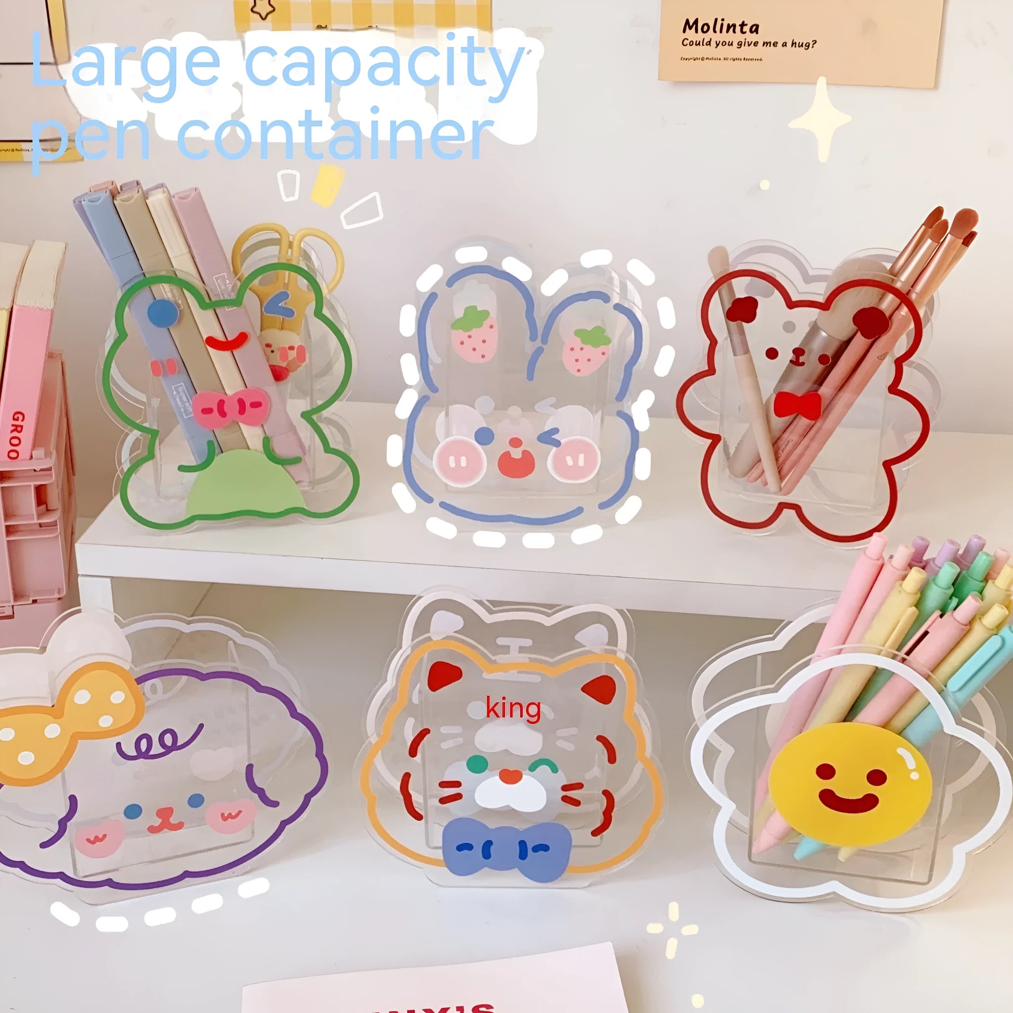 Clear acrylic square storage box with character design for stationery and cosmetics organisation