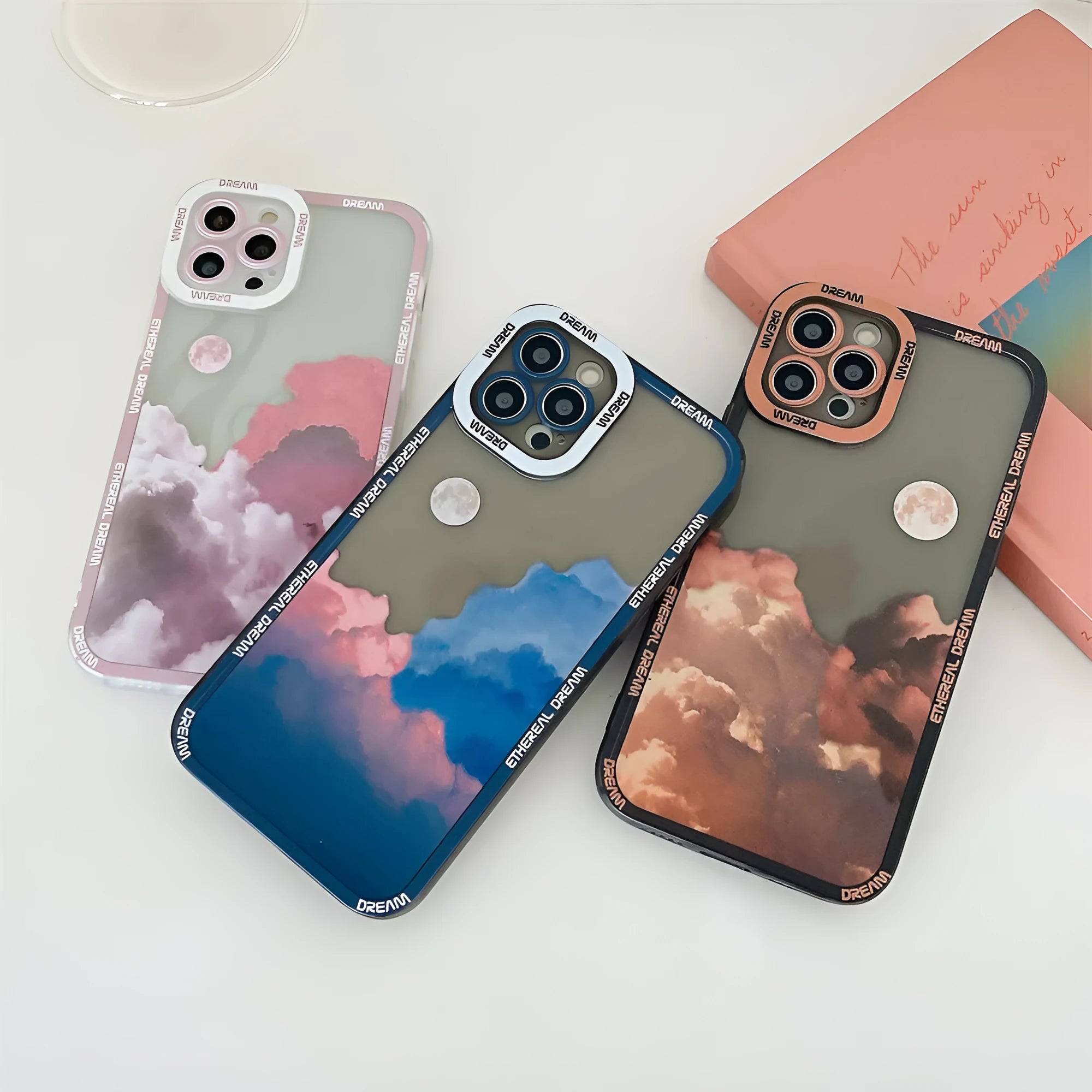 Sunset clouds design TPU phone case for iPhone on a blue background.