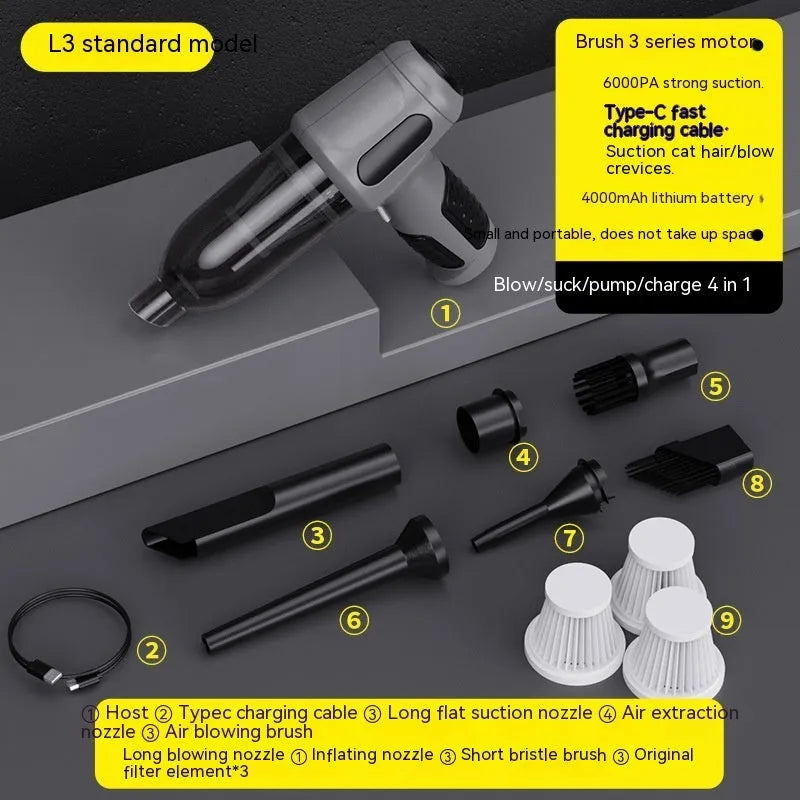 Black cordless handheld car vacuum cleaner with attached brush nozzle and charging cable.
