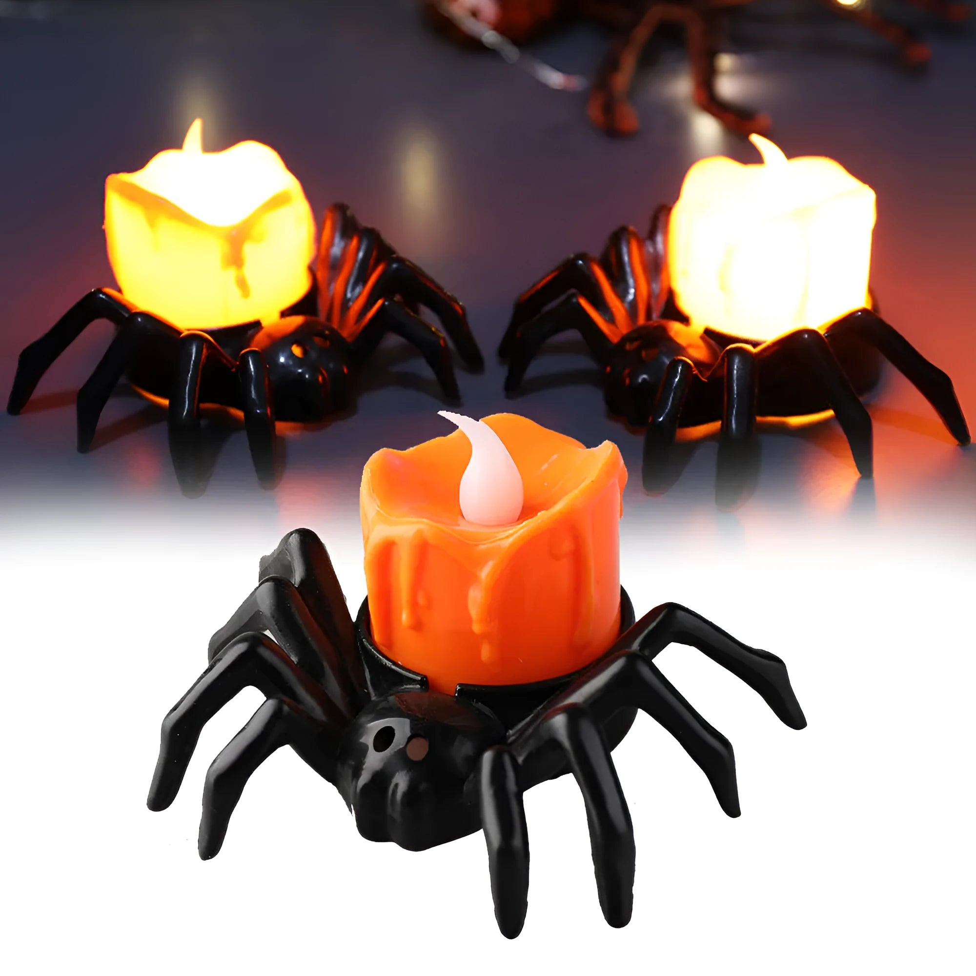 Plastic Halloween spider candlestick ornament measuring 7x8.5x5cm with battery-powered light