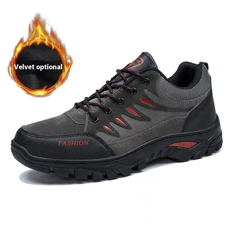 Men's brown suede hiking shoes with round toe and lace-up front