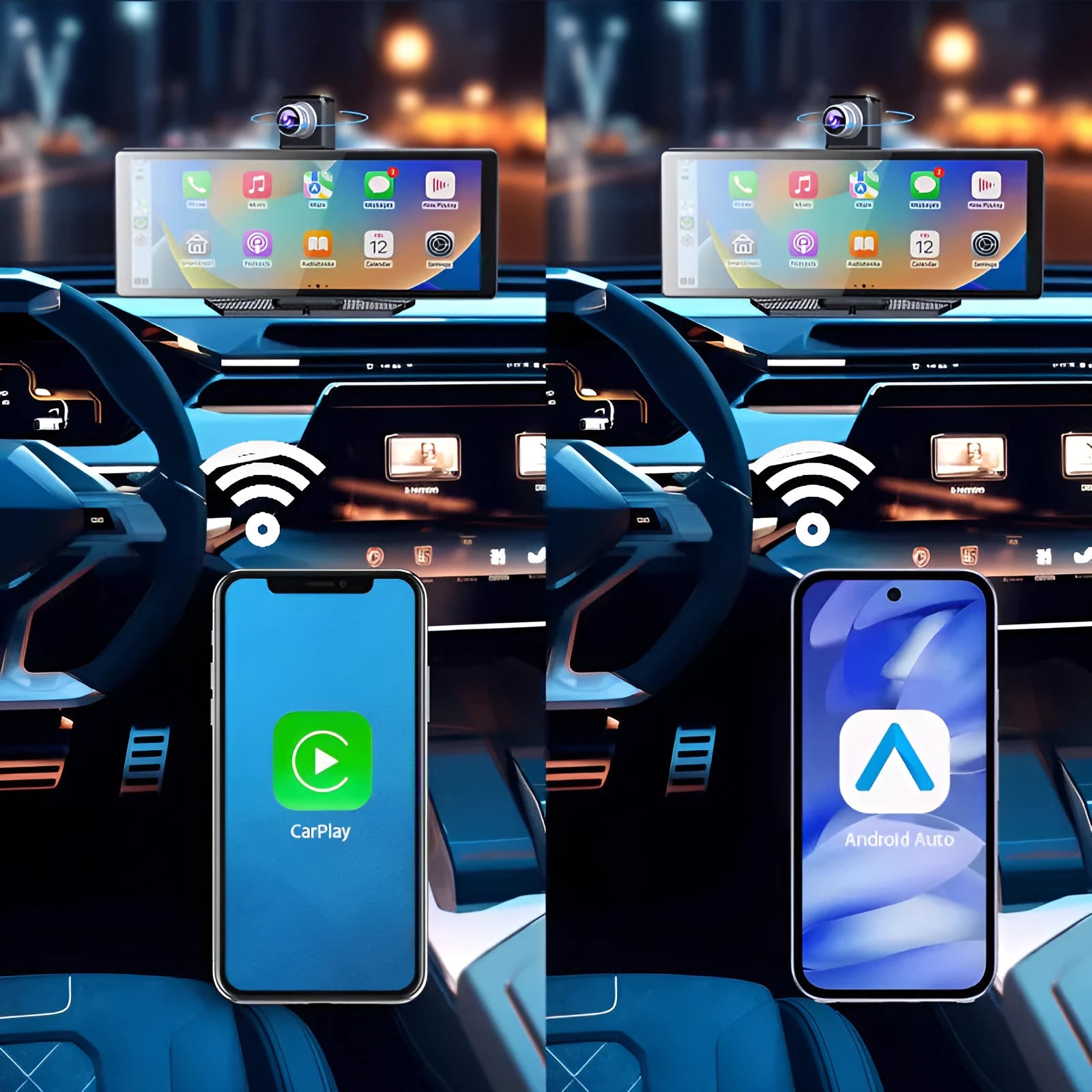 360° panoramic dash cam with 4MP touchscreen for front and rear dual recording in a car