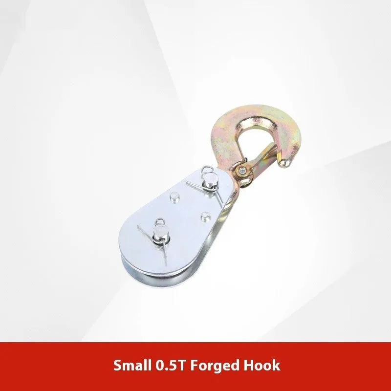 Red industrial lifting pulley with a forged steel safety latch hook and wire rope wheel.
