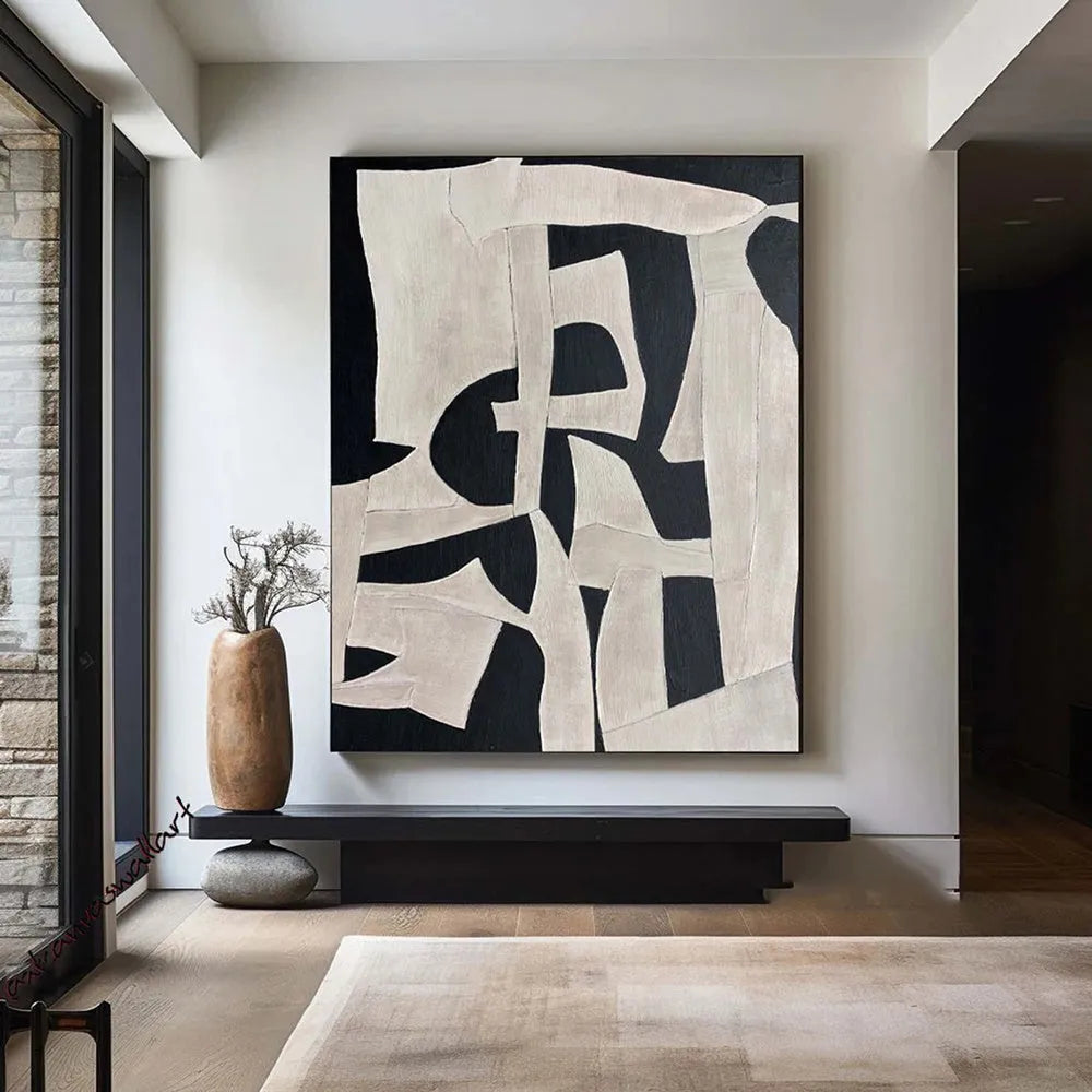 Handmade modern abstract black and white textured oil painting on canvas, rolled and unstretched, suitable for living room wall decor