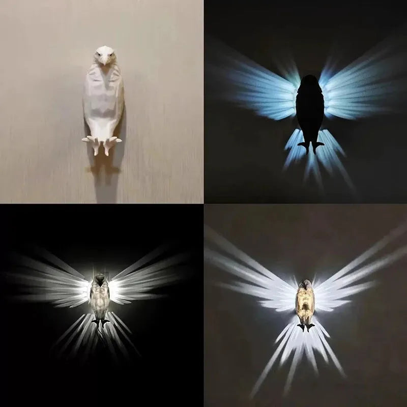Eagle-shaped 3D printed resin wall lamp projecting a silhouette shadow on a wall.