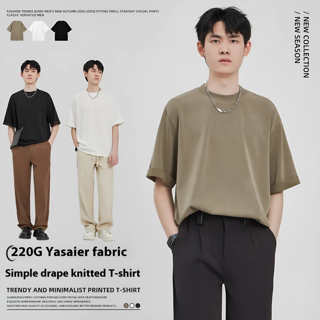 Men's drape knit loose fit t-shirt in polyester blend fabric showing black, brown, and white colour options