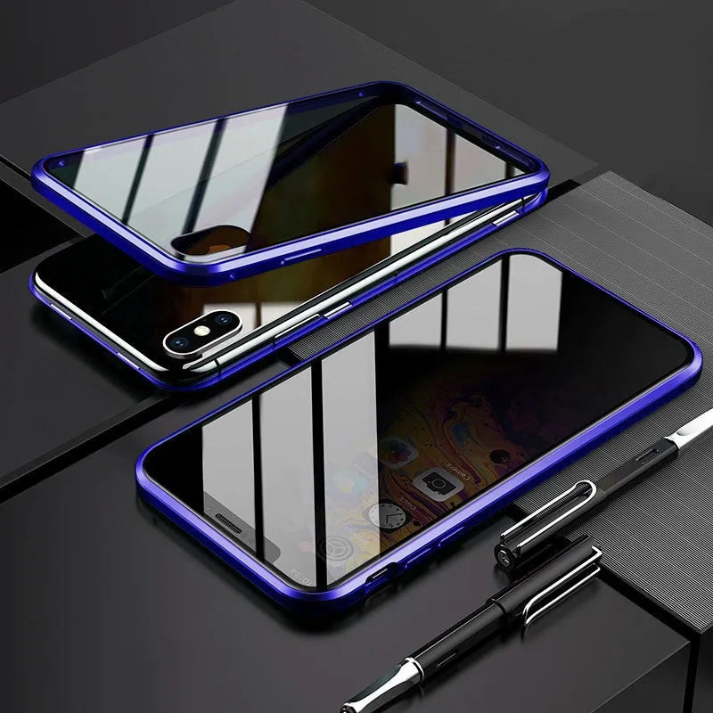 Black double-sided glass magnetic clamshell iPhone case showing front and back tempered glass protection