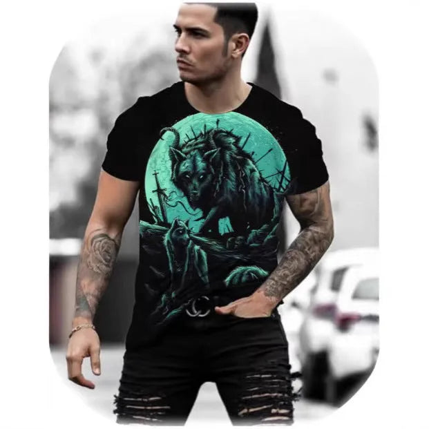 Man modelling a short-sleeved grey T-shirt with a retro-style 3D animal graphic print on the front.