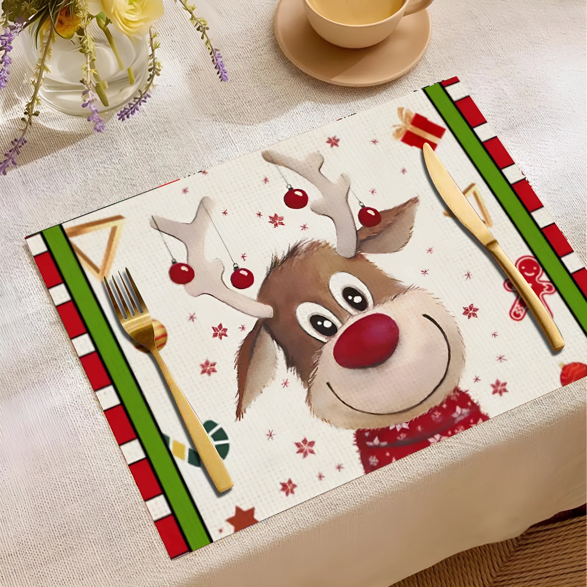 Christmas cartoon elk print square placemat in linen, 33x45cm, multiple colours available