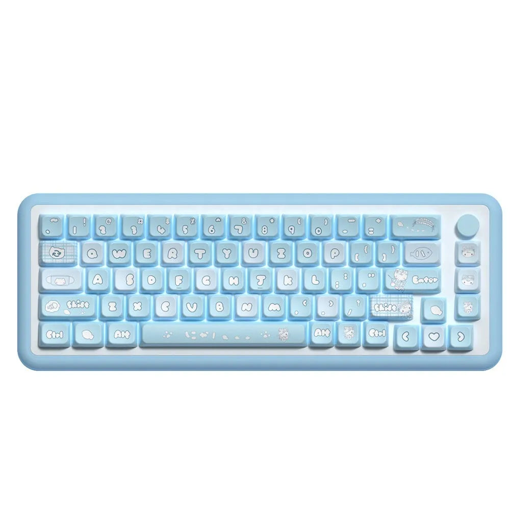 Watercolour kitten design PBT keycap set for mechanical keyboards, showing 138-key and 158-key full kit options.