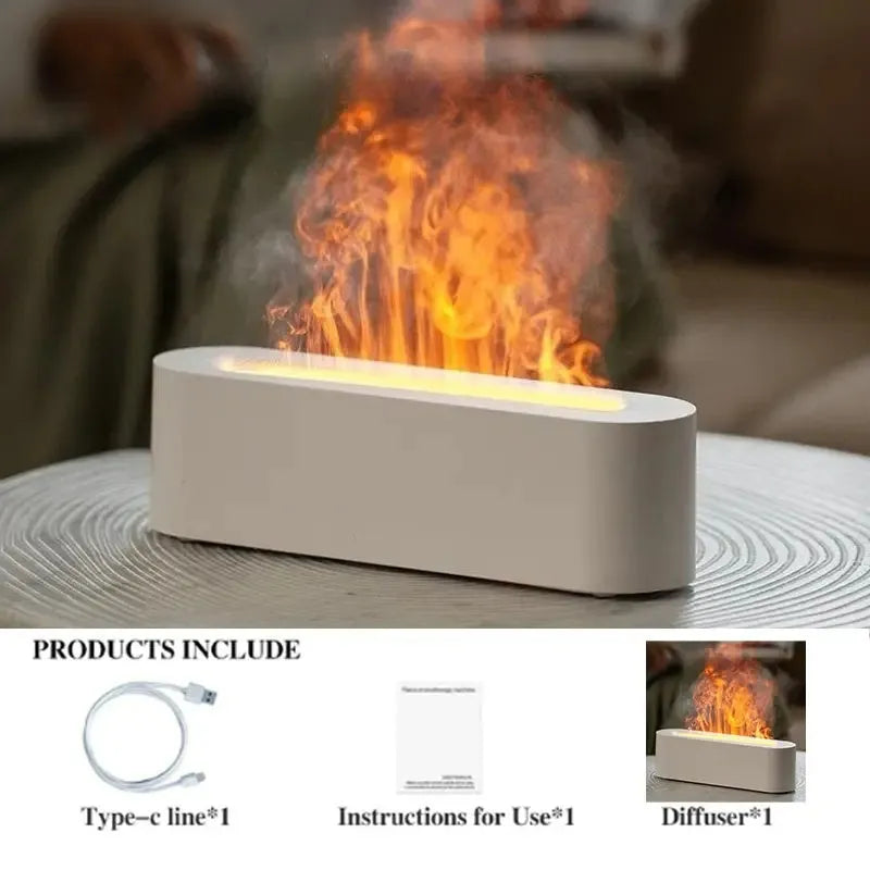 White square ultrasonic flame aroma diffuser and humidifier with LED light on a table.