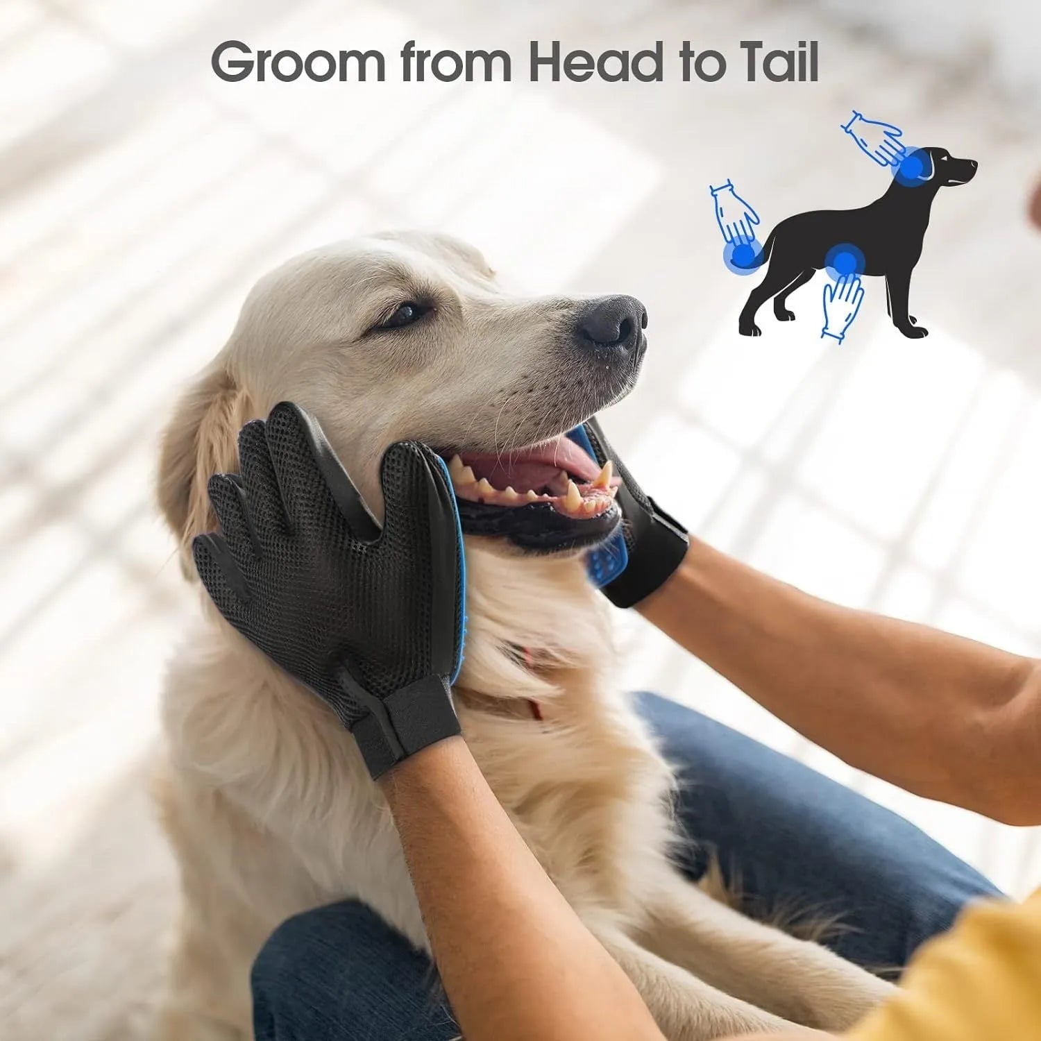 Blue pet grooming glove with silicone tips for brushing dogs and cats.