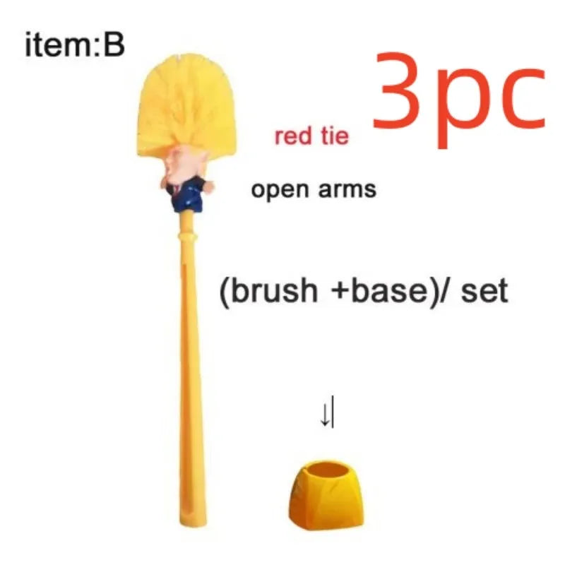 Yellow plastic Donald Trump toilet brush with hanging slot on handle.