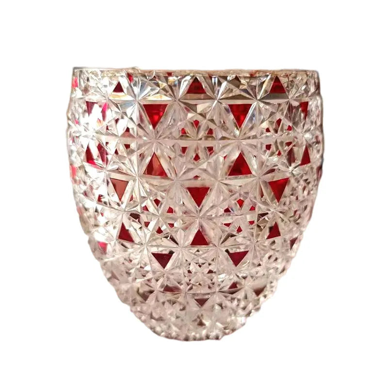 Japanese-style hand carved red crystal glass cup with cylindrical shape and carved pattern