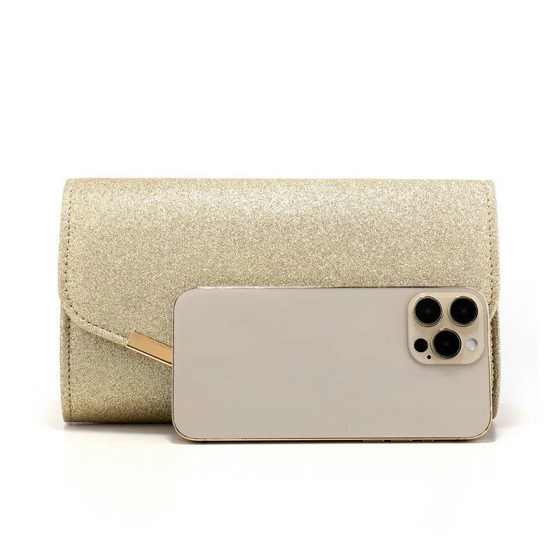 Frosted sequins light luxury dinner bag with high-grade metal decoration, fold element, in black colour option