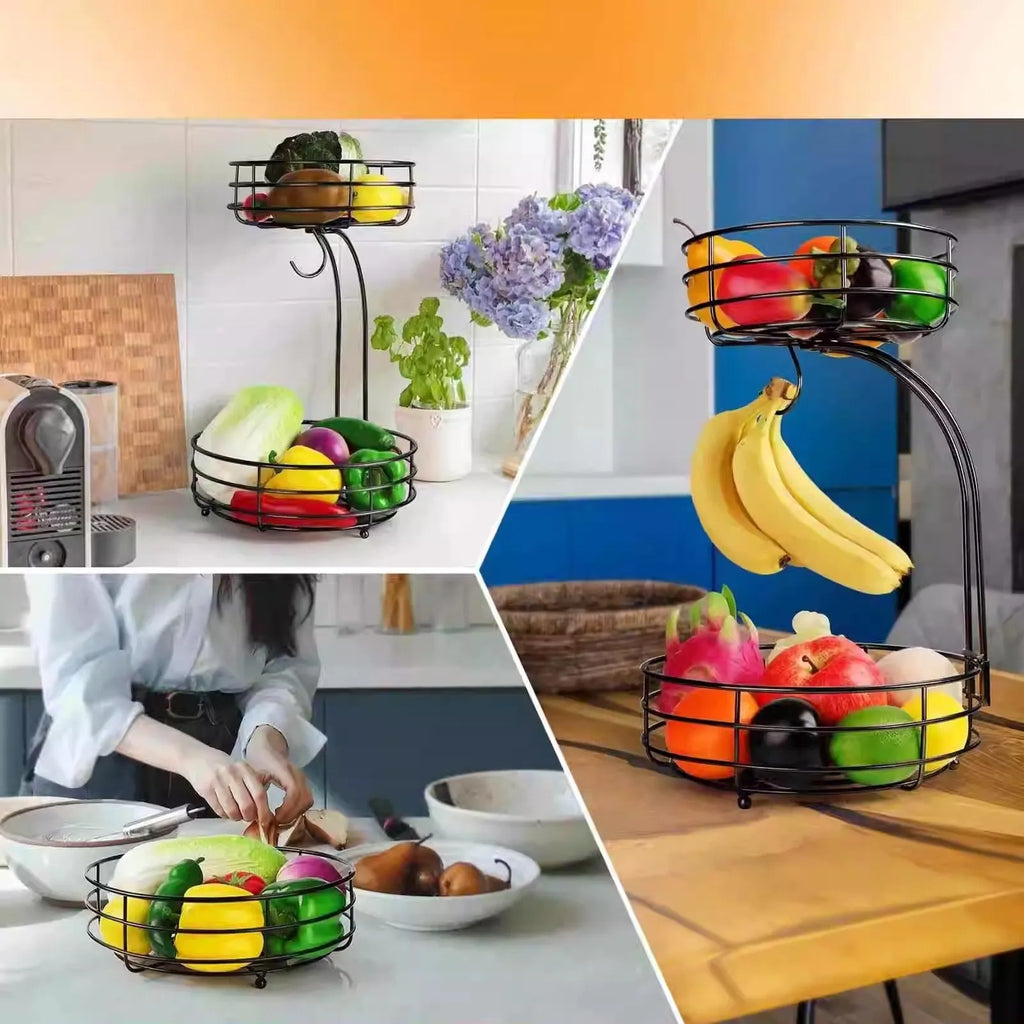 Black wrought iron double-layer fruit basket with two tiers for storing fruits and vegetables