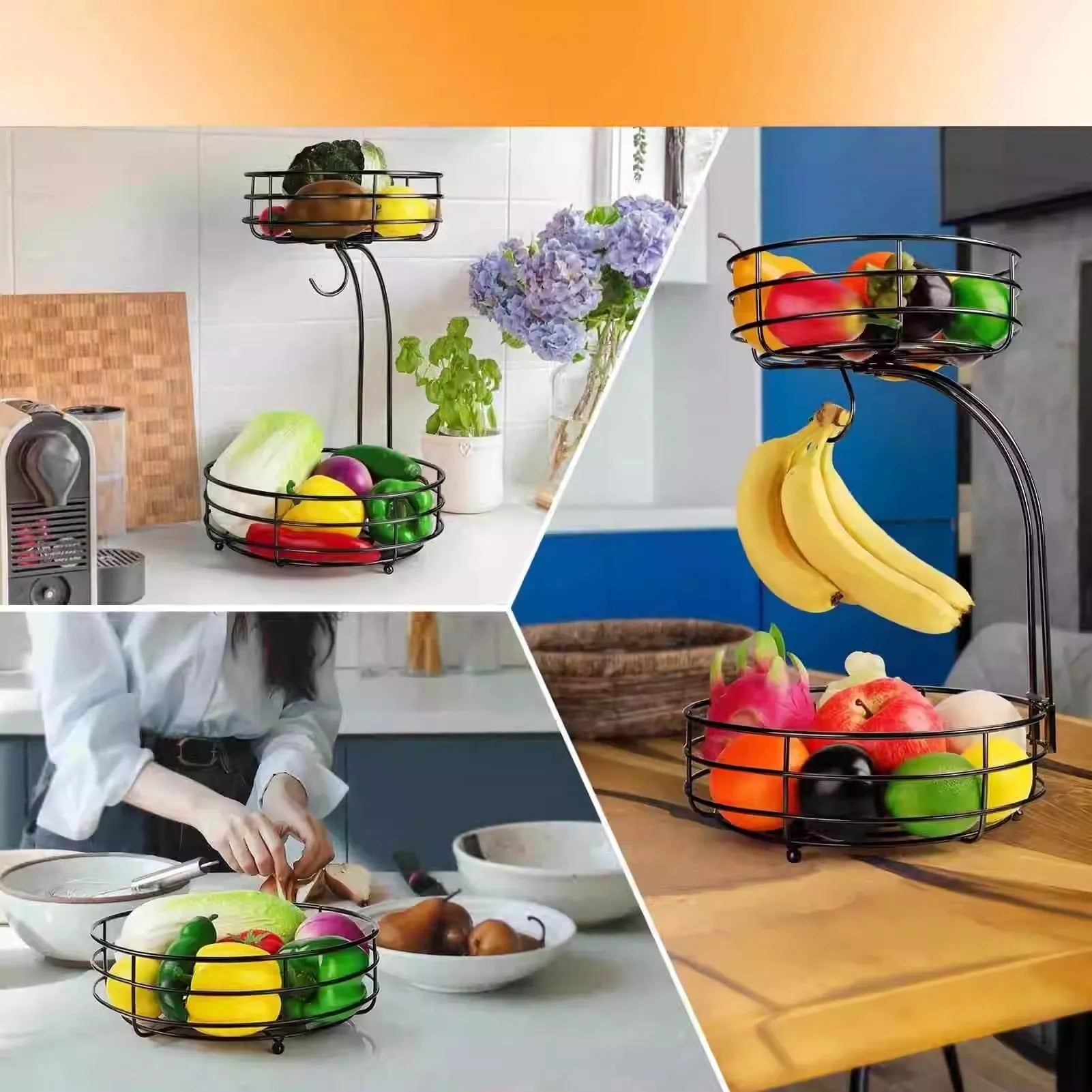 Black wrought iron double-layer fruit basket with two tiers for storing fruits and vegetables