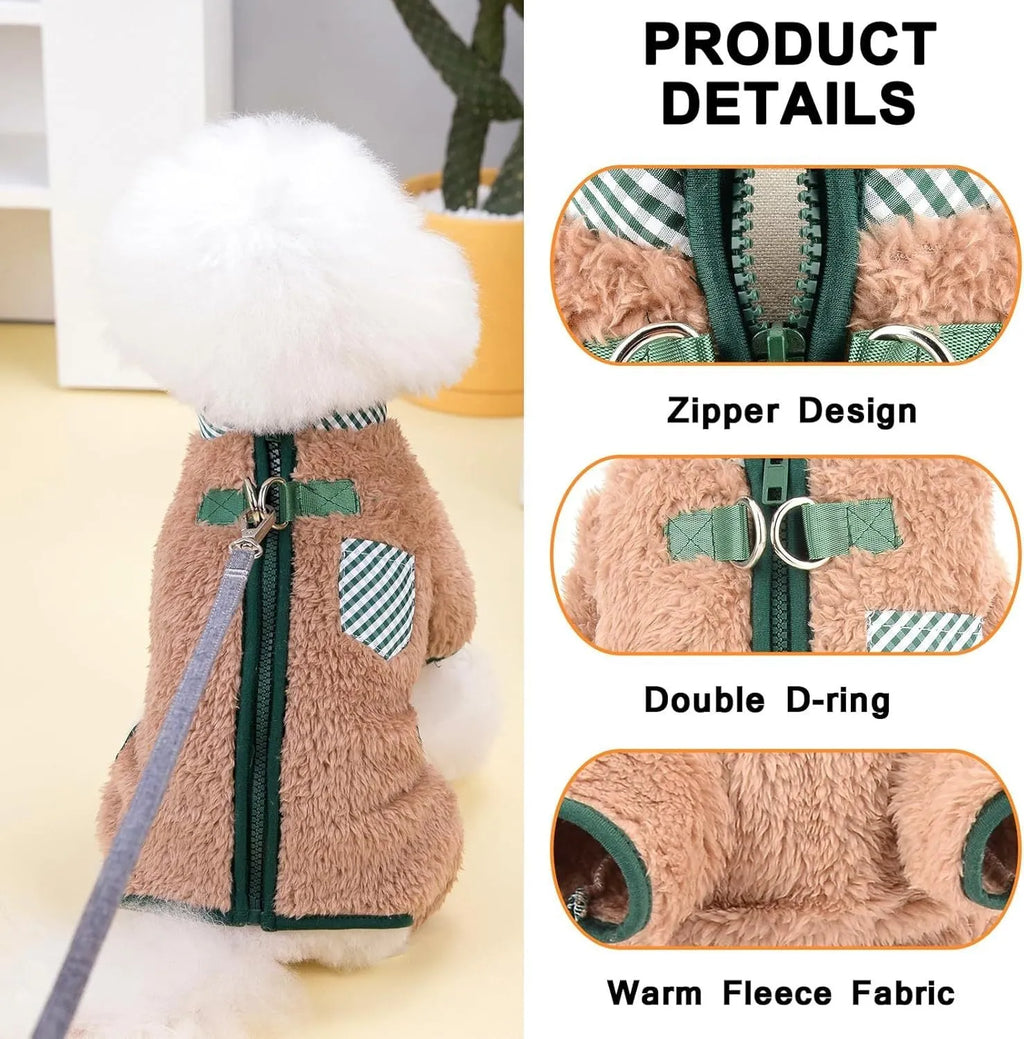 Green fleece dog jumpsuit with four legs and back zipper for small breed winter wear