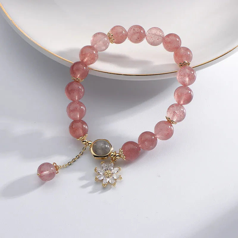 Strawberry quartz crystal bracelet with electroplated floral details in Mori Korean style.