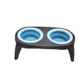 Blue folding double bowl pet feeder made from TPR and PP materials showing non-slip base and two compartments