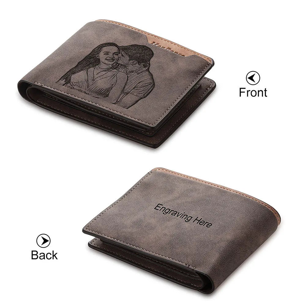 Coffee brown engraved horizontal short wallet showing photo personalisation feature