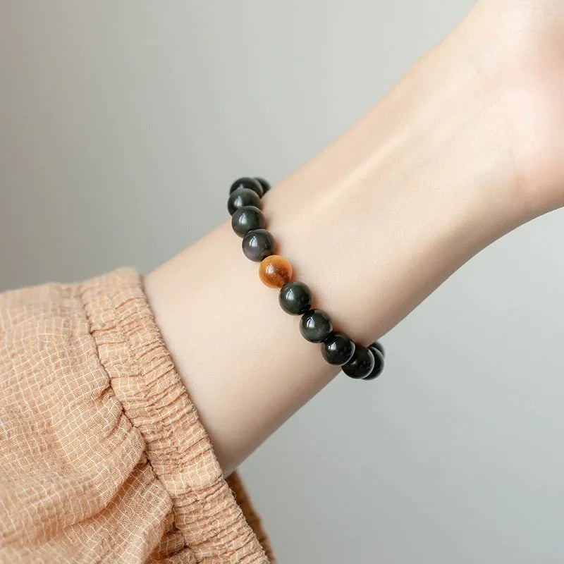 Black obsidian stone bracelet with geometric beads in Korean style design