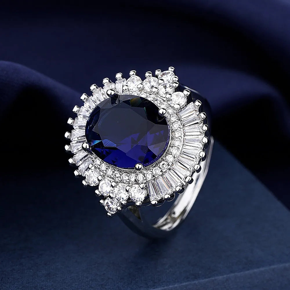 Sea blue heart square full diamond crown ring with white gold electroplated finish on copper base